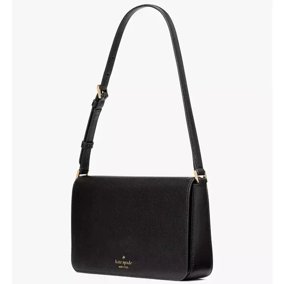 S Kate Spade Staci Black Saffiano Leather Flap Shoulder Bag Purse KF371 NWT